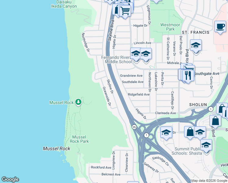 map of restaurants, bars, coffee shops, grocery stores, and more near 751 Skyline Drive in Daly City