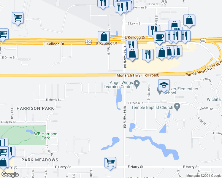 map of restaurants, bars, coffee shops, grocery stores, and more near 11023 East Fawn Grove Street in Wichita
