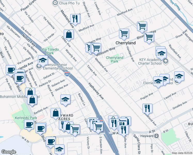 map of restaurants, bars, coffee shops, grocery stores, and more near 20830 Times Avenue in Hayward