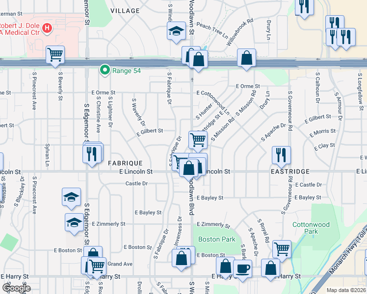 map of restaurants, bars, coffee shops, grocery stores, and more near 802 Fabrique Street in Wichita
