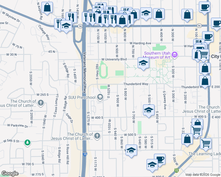 map of restaurants, bars, coffee shops, grocery stores, and more near 227 South 1025 West in Cedar City
