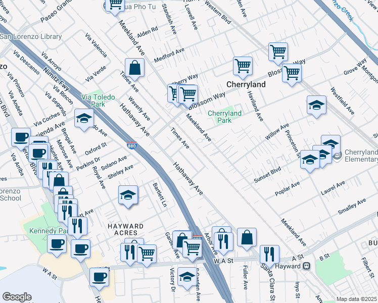 map of restaurants, bars, coffee shops, grocery stores, and more near 20830 Times Avenue in Hayward
