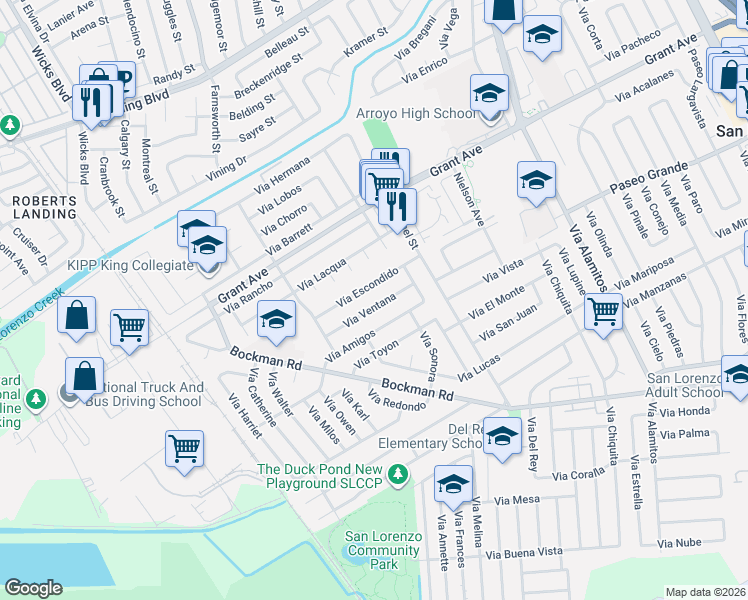 map of restaurants, bars, coffee shops, grocery stores, and more near 1640 Vía Escondido in San Lorenzo