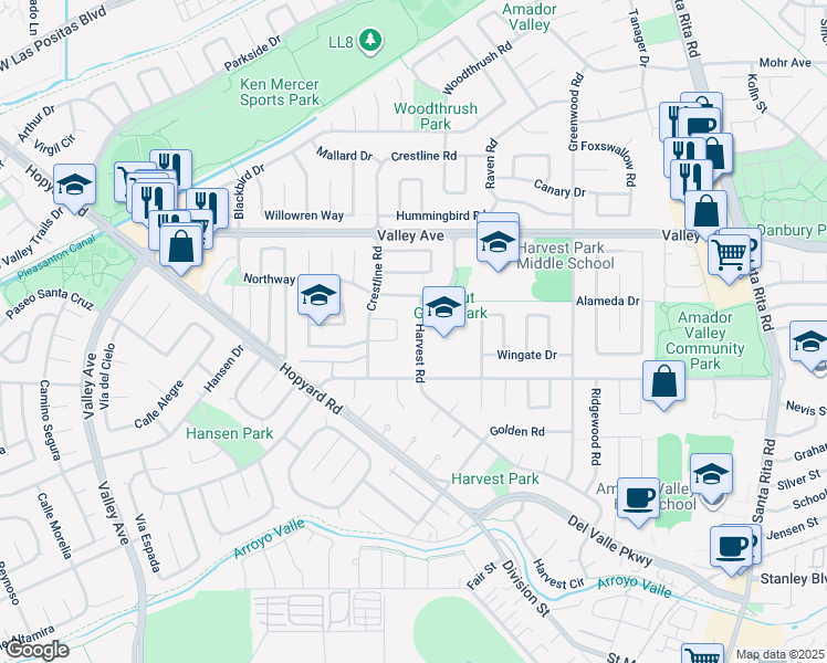 map of restaurants, bars, coffee shops, grocery stores, and more near 1996 Harvest Road in Pleasanton