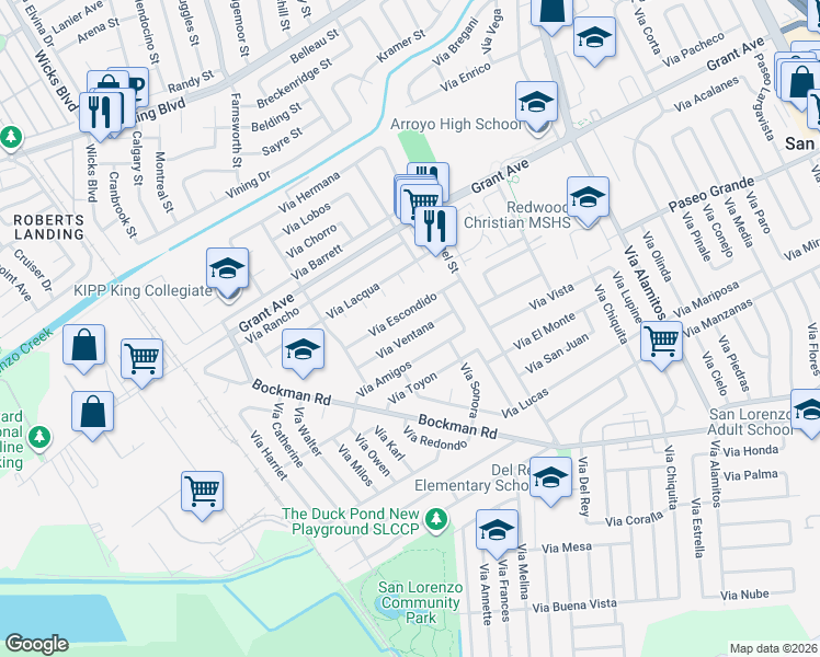 map of restaurants, bars, coffee shops, grocery stores, and more near 1631 Via Ventana in San Lorenzo