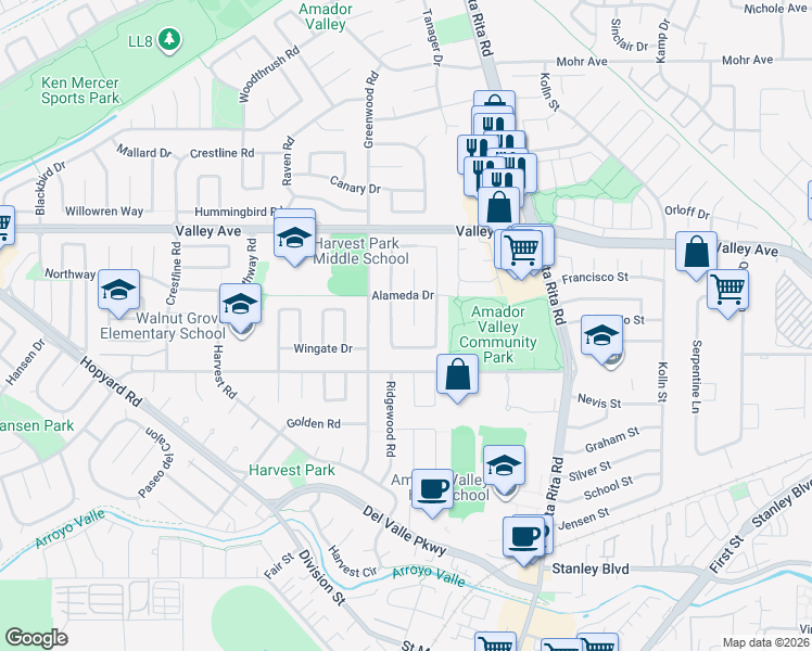 map of restaurants, bars, coffee shops, grocery stores, and more near 1730 Baywood Court in Pleasanton