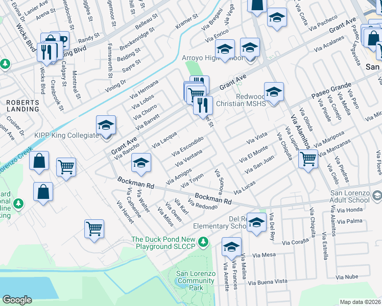 map of restaurants, bars, coffee shops, grocery stores, and more near 1631 Via Ventana in San Lorenzo