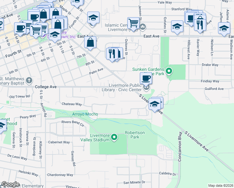 map of restaurants, bars, coffee shops, grocery stores, and more near 1225 Riesling Circle in Livermore
