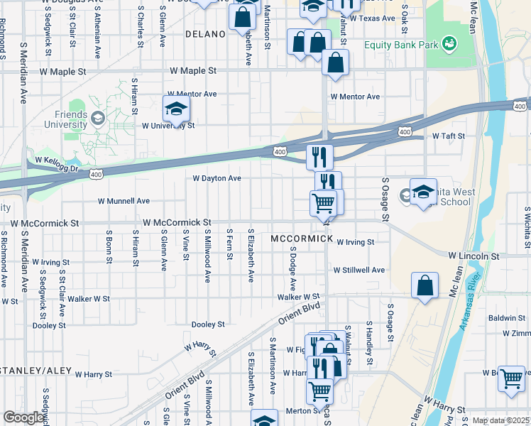 map of restaurants, bars, coffee shops, grocery stores, and more near 855 South Martinson Street in Wichita