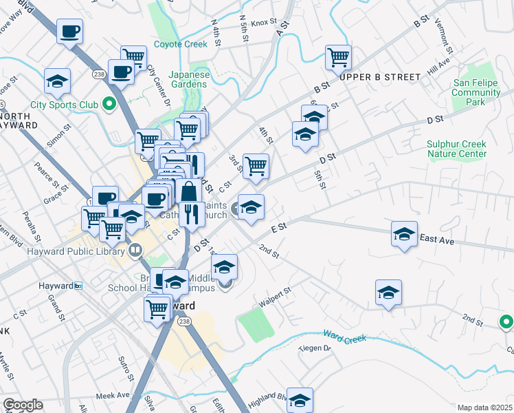 map of restaurants, bars, coffee shops, grocery stores, and more near 22824 High Street in Hayward