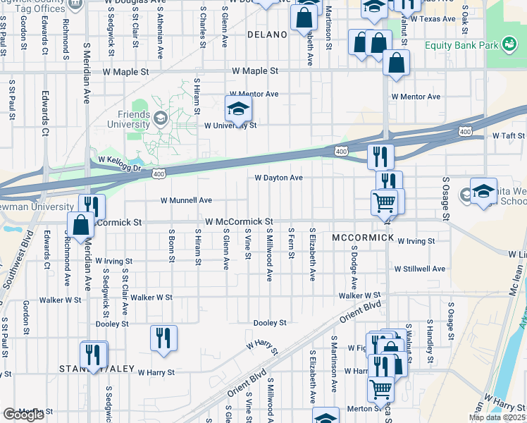 map of restaurants, bars, coffee shops, grocery stores, and more near 859 South Millwood Avenue in Wichita