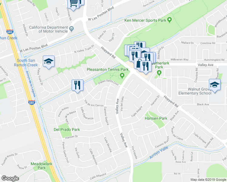 map of restaurants, bars, coffee shops, grocery stores, and more near 5951 Corte Cerritos in Pleasanton