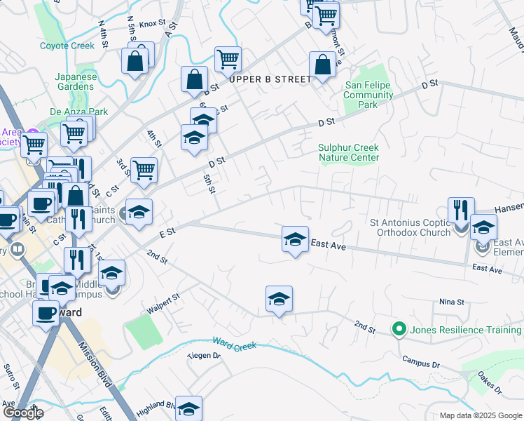 map of restaurants, bars, coffee shops, grocery stores, and more near 1615 E Street in Hayward