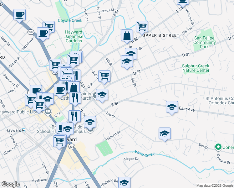 map of restaurants, bars, coffee shops, grocery stores, and more near 1328 Terrace Avenue in Hayward