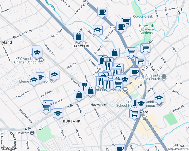 map of restaurants, bars, coffee shops, grocery stores, and more near 22285 Montgomery Street in Hayward