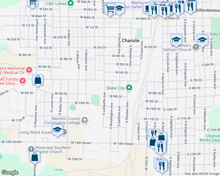 map of restaurants, bars, coffee shops, grocery stores, and more near 717-899 South Washington Avenue in Chanute
