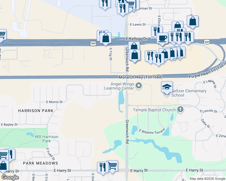 map of restaurants, bars, coffee shops, grocery stores, and more near 11018 East Fawn Grove Street in Wichita