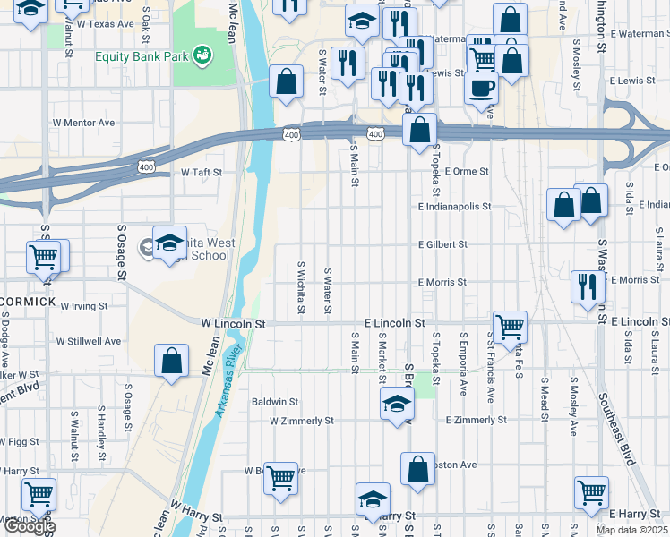 map of restaurants, bars, coffee shops, grocery stores, and more near 1023 South Water Street in Wichita