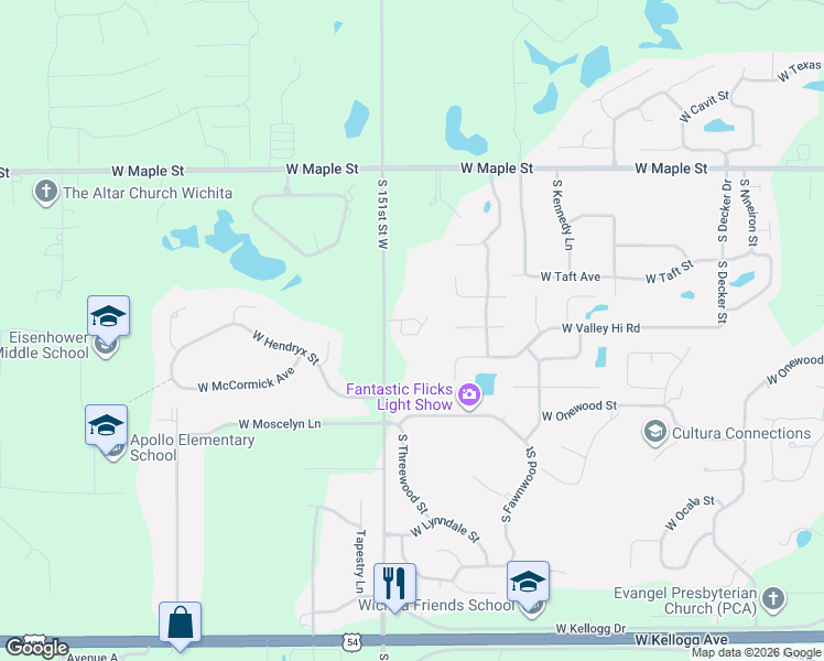 map of restaurants, bars, coffee shops, grocery stores, and more near 591 Fawnwood Ct in Wichita