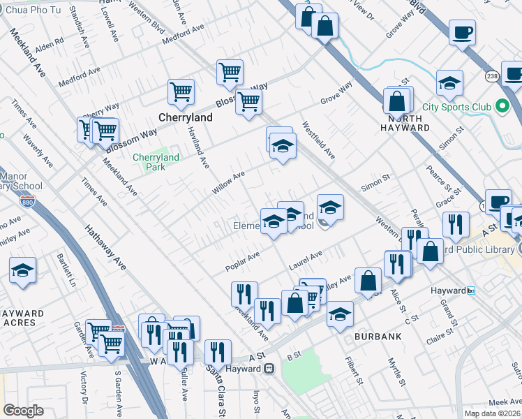map of restaurants, bars, coffee shops, grocery stores, and more near 21842 Princeton Street in Hayward