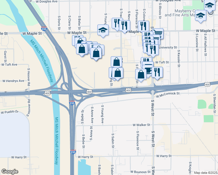 map of restaurants, bars, coffee shops, grocery stores, and more near 4600 West Kellogg Drive in Wichita