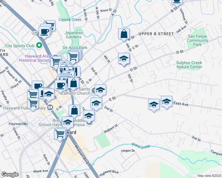 map of restaurants, bars, coffee shops, grocery stores, and more near 1343 Terrace Avenue in Hayward