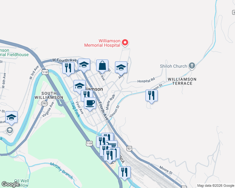 map of restaurants, bars, coffee shops, grocery stores, and more near 570 Maple Walk in Williamson