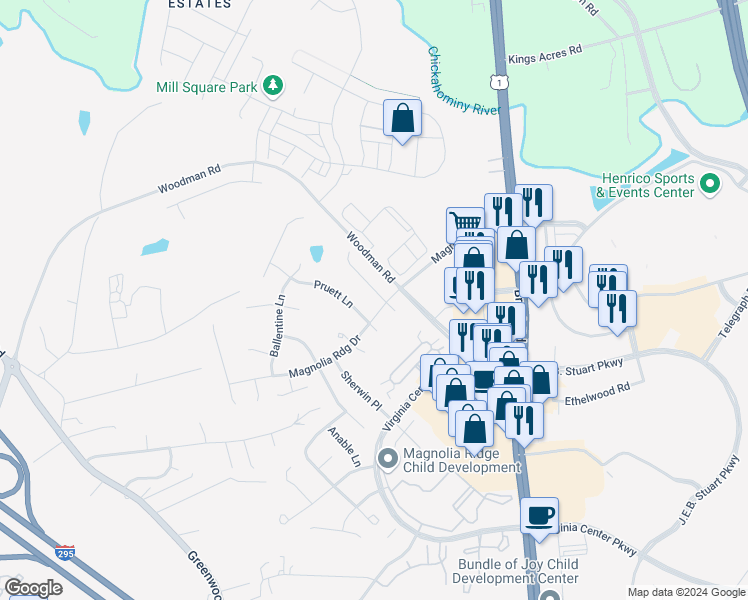 map of restaurants, bars, coffee shops, grocery stores, and more near 10713 Peterfield Lane in Glen Allen