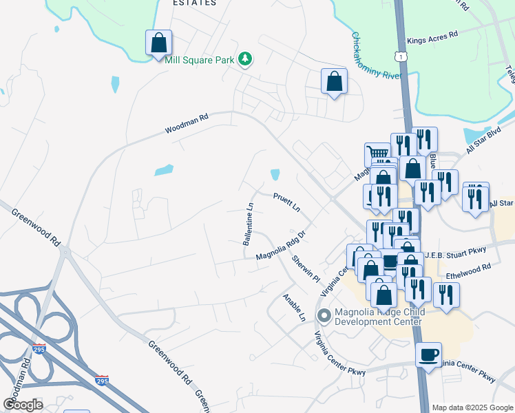 map of restaurants, bars, coffee shops, grocery stores, and more near 10708 Tutelo Place in Glen Allen