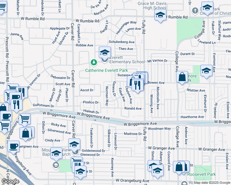 map of restaurants, bars, coffee shops, grocery stores, and more near 2014 Geneva Drive in Modesto