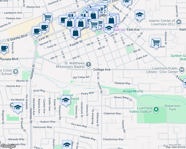 map of restaurants, bars, coffee shops, grocery stores, and more near 874 Mendenhall Drive in Livermore