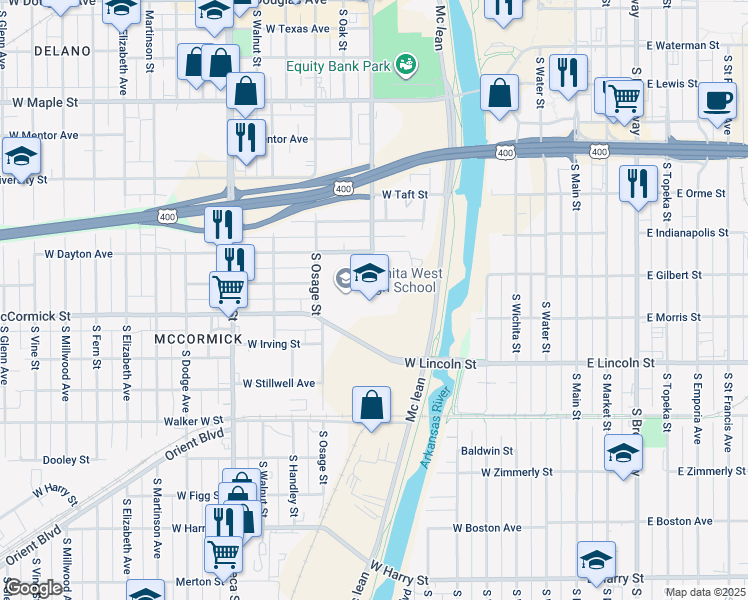 map of restaurants, bars, coffee shops, grocery stores, and more near 820 South Osage Street in Wichita