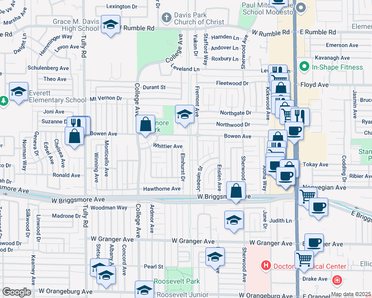 map of restaurants, bars, coffee shops, grocery stores, and more near 2016 Elmhurst Drive in Modesto