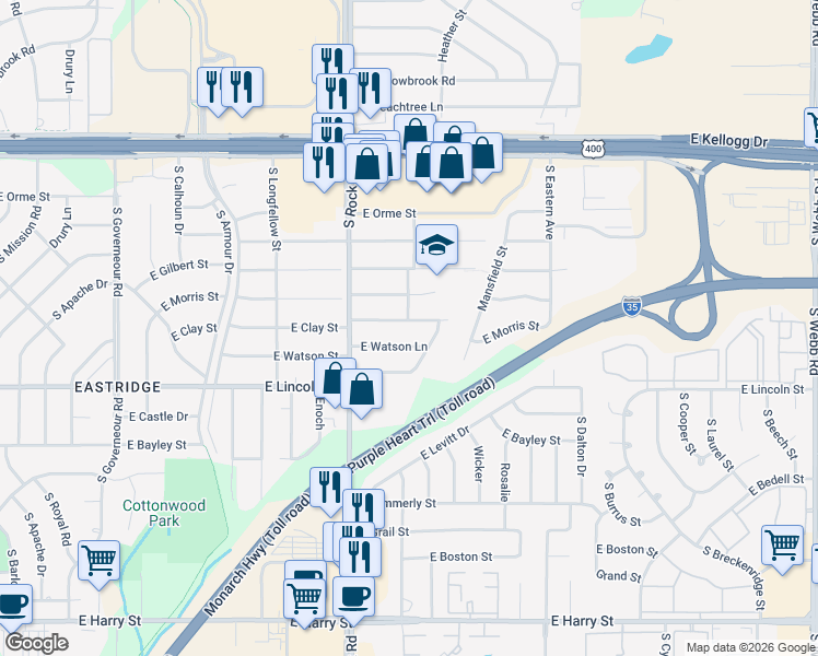 map of restaurants, bars, coffee shops, grocery stores, and more near 8037 East Clay Street in Wichita