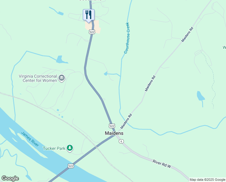 map of restaurants, bars, coffee shops, grocery stores, and more near 2790 River Road West in Maidens