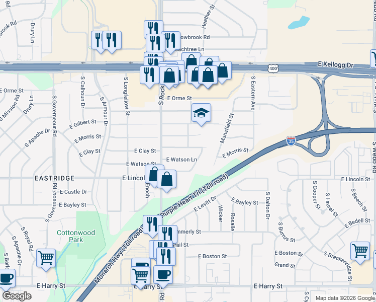 map of restaurants, bars, coffee shops, grocery stores, and more near 8037 East Clay Street in Wichita
