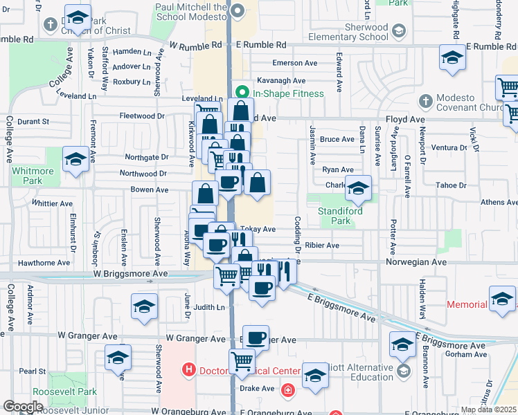 map of restaurants, bars, coffee shops, grocery stores, and more near 2100 McHenry Ave in Modesto