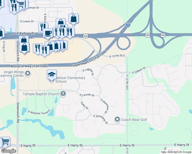 map of restaurants, bars, coffee shops, grocery stores, and more near 12211 E Laguna St in Wichita