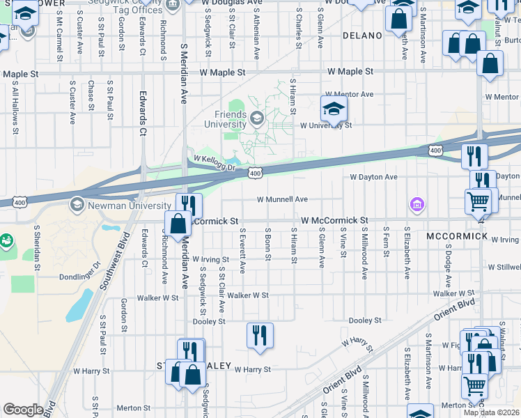 map of restaurants, bars, coffee shops, grocery stores, and more near 803 South Bonn Street in Wichita