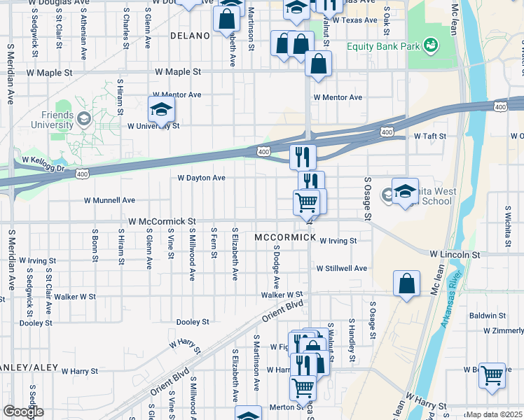 map of restaurants, bars, coffee shops, grocery stores, and more near 852 South Martinson Street in Wichita