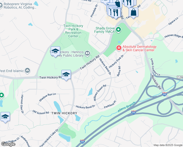 map of restaurants, bars, coffee shops, grocery stores, and more near 4948 Saddleridge Court in Glen Allen