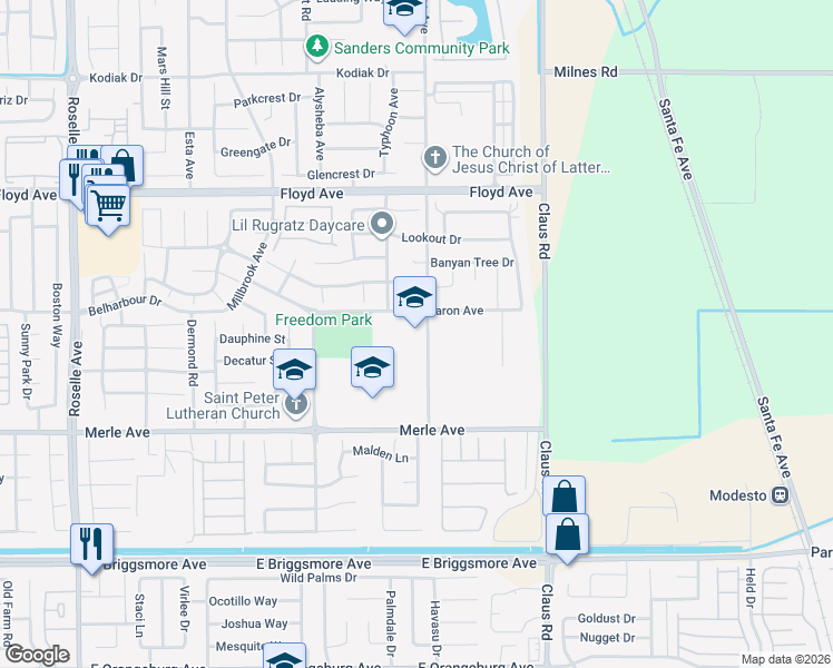 map of restaurants, bars, coffee shops, grocery stores, and more near 2101 Fine Avenue in Modesto