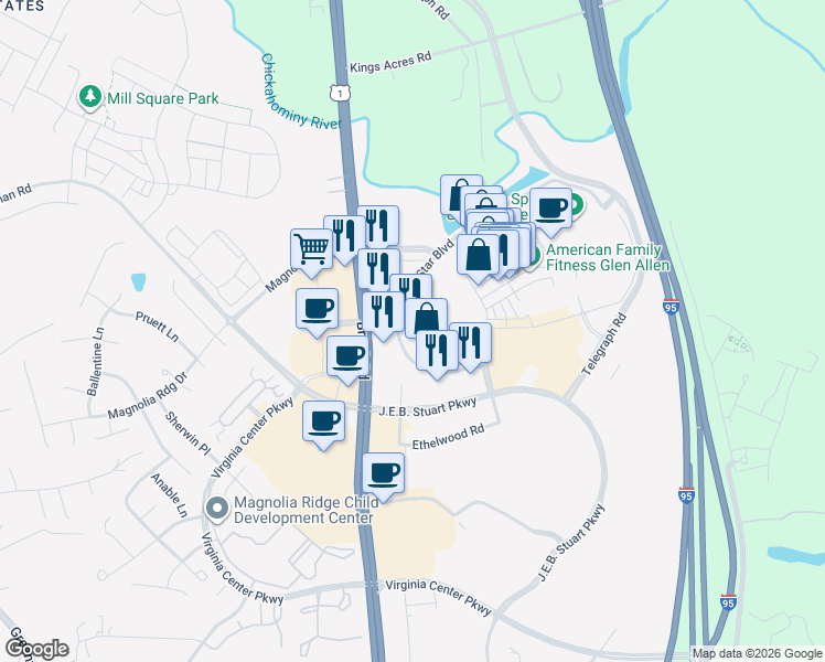 map of restaurants, bars, coffee shops, grocery stores, and more near 10099 Brook Road in Glen Allen