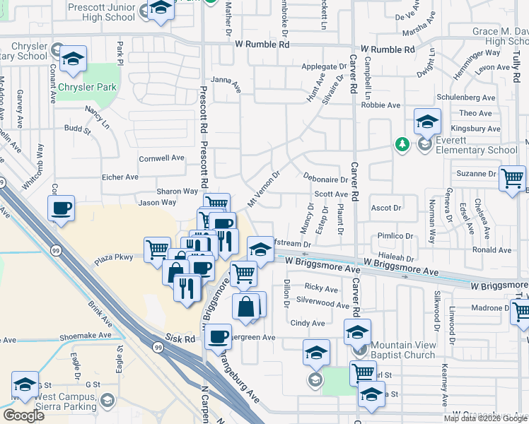 map of restaurants, bars, coffee shops, grocery stores, and more near 2016 Girard Avenue in Modesto