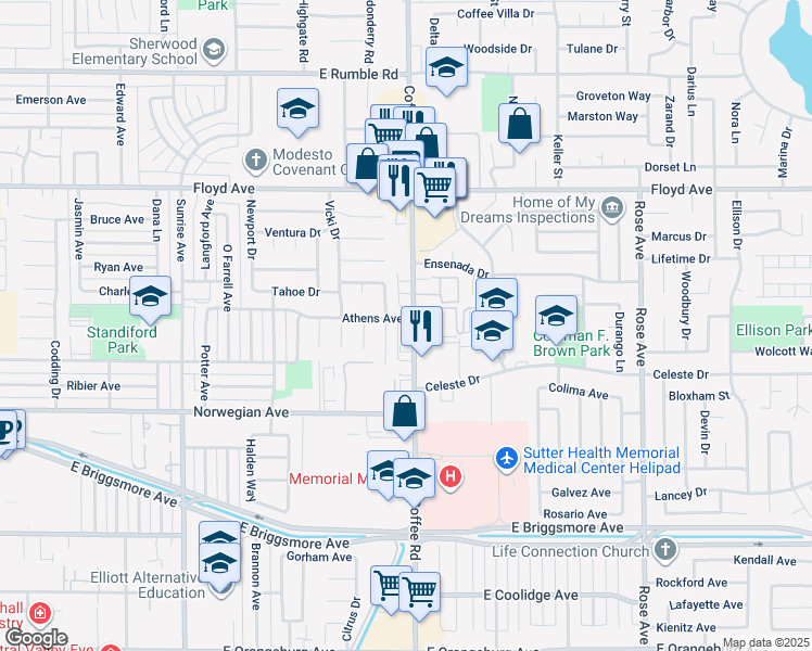 map of restaurants, bars, coffee shops, grocery stores, and more near 1216 Athens Avenue in Modesto