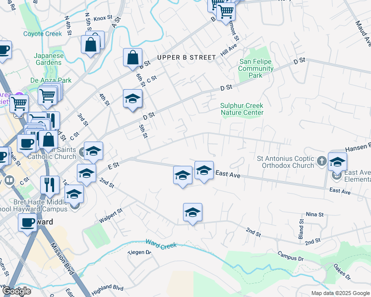 map of restaurants, bars, coffee shops, grocery stores, and more near 1615 E Street in Hayward