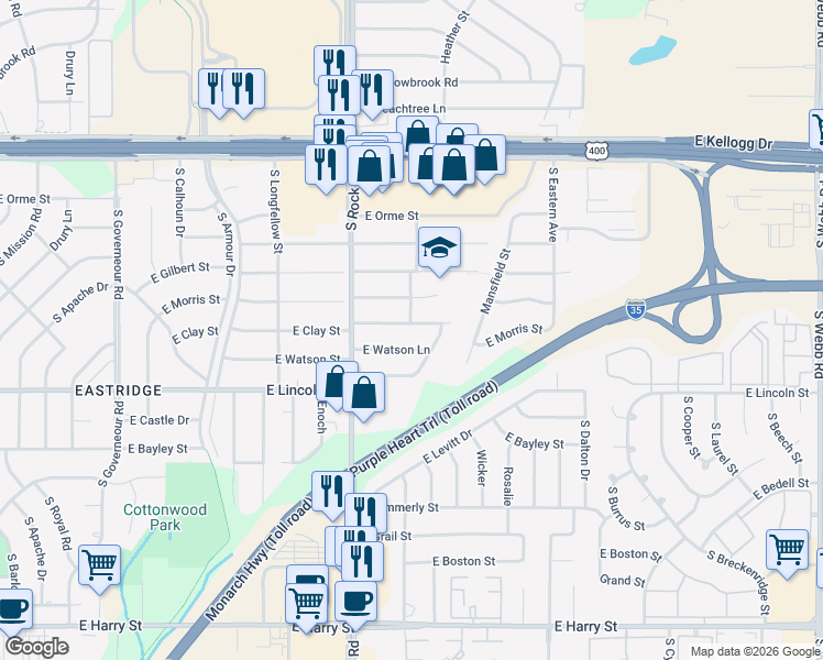 map of restaurants, bars, coffee shops, grocery stores, and more near 8037 East Clay Street in Wichita