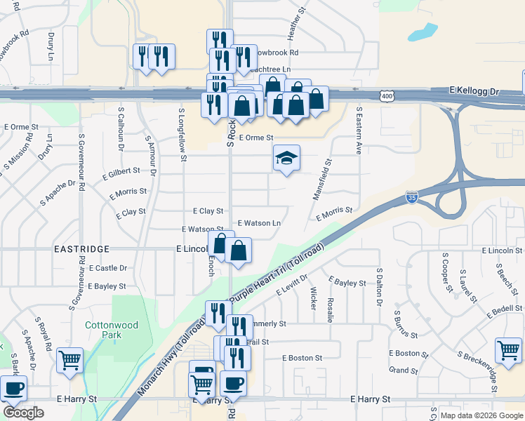 map of restaurants, bars, coffee shops, grocery stores, and more near 8037 East Clay Street in Wichita
