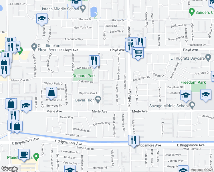 map of restaurants, bars, coffee shops, grocery stores, and more near 2817 Stone Terrace in Modesto