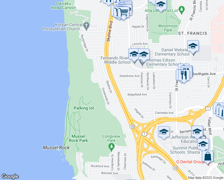 map of restaurants, bars, coffee shops, grocery stores, and more near 745 Skyline Drive in Daly City